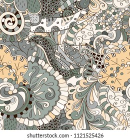 Tracery seamless pattern. Mehndi design. Ethnic colorful doodle texture. Curved doodling background. Vector
