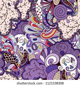 Tracery seamless pattern. Mehndi design. Ethnic colorful doodle texture. Curved doodling background. Vector