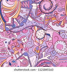Tracery seamless pattern. Mehndi design. Ethnic colorful doodle texture. Curved doodling background. Vector