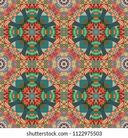 Tracery seamless pattern. Mehndi design. Ethnic binary doodle texture. Curved doodling in pink, blue and green colors. Vector illustration.