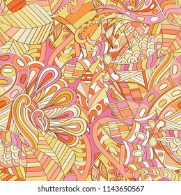 Tracery seamless pattern. Mehndi design. Ethnic colorful doodle texture. Curved doodling background. Vector