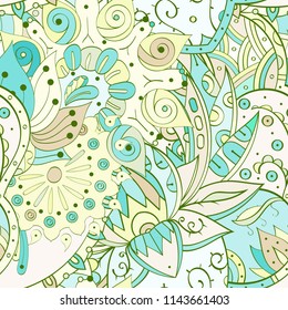 Tracery seamless pattern. Mehndi design. Ethnic colorful doodle texture. Curved doodling background. Vector