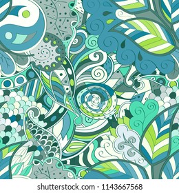 Tracery seamless pattern. Mehndi design. Ethnic colorful doodle texture. Curved doodling background. Vector