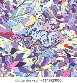 Tracery seamless pattern. Mehndi design. Ethnic colorful doodle texture. Curved doodling background. Vector