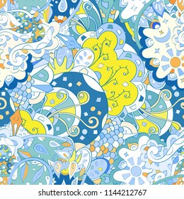 Tracery seamless pattern. Mehndi design. Ethnic colorful doodle texture. Curved doodling background. Vector