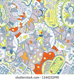 Tracery seamless pattern. Mehndi design. Ethnic colorful doodle texture. Curved doodling background. Vector