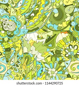 Tracery seamless pattern. Mehndi design. Ethnic colorful doodle texture. Curved doodling background. Vector