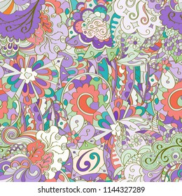 Tracery seamless pattern. Mehndi design. Ethnic colorful doodle texture. Curved doodling background. Vector