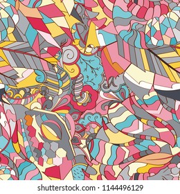 Tracery seamless pattern. Mehndi design. Ethnic colorful doodle texture. Curved doodling background. Vector