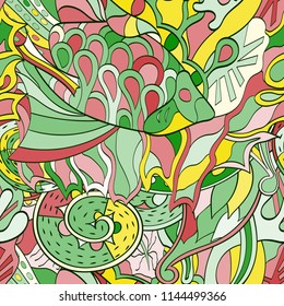 Tracery seamless pattern. Mehndi design. Ethnic colorful doodle texture. Curved doodling background. Vector