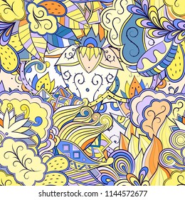 Tracery seamless pattern. Mehndi design. Ethnic colorful doodle texture. Curved doodling background. Vector