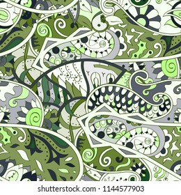 Tracery seamless pattern. Mehndi design. Ethnic colorful doodle texture. Curved doodling background. Vector