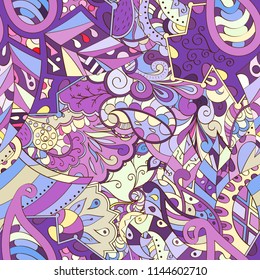 Tracery seamless pattern. Mehndi design. Ethnic colorful doodle texture. Curved doodling background. Vector