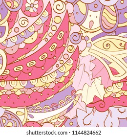 Tracery seamless pattern. Mehndi design. Ethnic colorful doodle texture. Curved doodling background. Vector