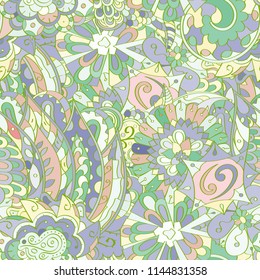 Tracery seamless pattern. Mehndi design. Ethnic colorful doodle texture. Curved doodling background. Vector