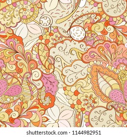 Tracery seamless pattern. Mehndi design. Ethnic colorful doodle texture. Curved doodling background. Vector