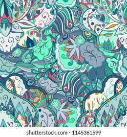 Tracery seamless pattern. Mehndi design. Ethnic colorful doodle texture. Curved doodling background. Vector
