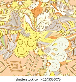 Tracery seamless pattern. Mehndi design. Ethnic colorful doodle texture. Curved doodling background. Vector