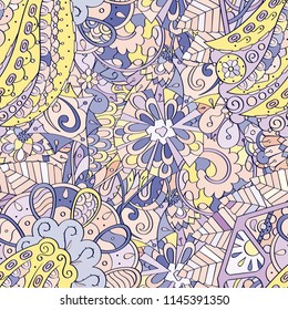 Tracery seamless pattern. Mehndi design. Ethnic colorful doodle texture. Curved doodling background. Vector