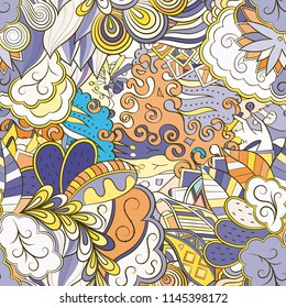 Tracery seamless pattern. Mehndi design. Ethnic colorful doodle texture. Curved doodling background. Vector