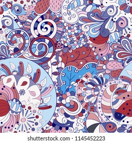Tracery seamless pattern. Mehndi design. Ethnic colorful doodle texture. Curved doodling background. Vector