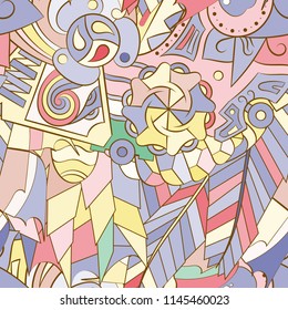 Tracery seamless pattern. Mehndi design. Ethnic colorful doodle texture. Curved doodling background. Vector