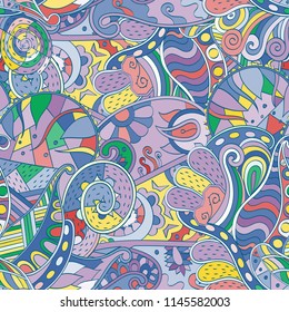 Tracery seamless pattern. Mehndi design. Ethnic colorful doodle texture. Curved doodling background. Vector