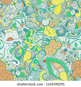 Tracery seamless pattern. Mehndi design. Ethnic colorful doodle texture. Curved doodling background. Vector