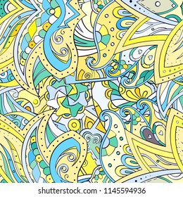 Tracery seamless pattern. Mehndi design. Ethnic colorful doodle texture. Curved doodling background. Vector