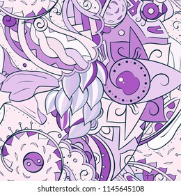 Tracery seamless pattern. Mehndi design. Ethnic colorful doodle texture. Curved doodling background. Vector