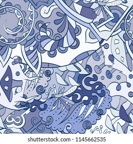 Tracery seamless pattern. Mehndi design. Ethnic colorful doodle texture. Curved doodling background. Vector