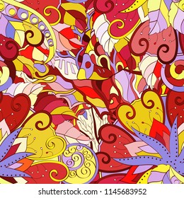 Tracery seamless pattern. Mehndi design. Ethnic colorful doodle texture. Curved doodling background. Vector