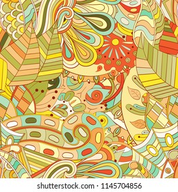 Tracery seamless pattern. Mehndi design. Ethnic colorful doodle texture. Curved doodling background. Vector