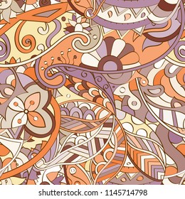 Tracery seamless pattern. Mehndi design. Ethnic colorful doodle texture. Curved doodling background. Vector