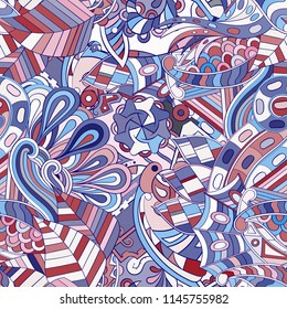 Tracery seamless pattern. Mehndi design. Ethnic colorful doodle texture. Curved doodling background. Vector