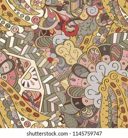Tracery seamless pattern. Mehndi design. Ethnic colorful doodle texture. Curved doodling background. Vector