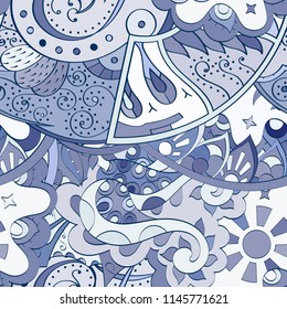 Tracery seamless pattern. Mehndi design. Ethnic colorful doodle texture. Curved doodling background. Vector
