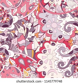 Tracery seamless pattern. Mehndi design. Ethnic colorful doodle texture. Curved doodling background. Vector