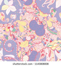 Tracery seamless pattern. Mehndi design. Ethnic colorful doodle texture. Curved doodling background. Vector