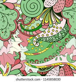 Tracery seamless pattern. Mehndi design. Ethnic colorful doodle texture. Curved doodling background. Vector