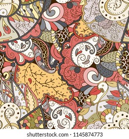 Tracery seamless pattern. Mehndi design. Ethnic colorful doodle texture. Curved doodling background. Vector