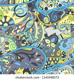 Tracery seamless pattern. Mehndi design. Ethnic colorful doodle texture. Curved doodling background. Vector