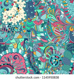 Tracery seamless pattern. Mehndi design. Ethnic colorful doodle texture. Curved doodling background. Vector
