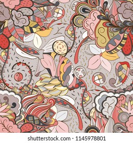 Tracery seamless pattern. Mehndi design. Ethnic colorful doodle texture. Curved doodling background. Vector