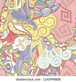 Tracery seamless pattern. Mehndi design. Ethnic colorful doodle texture. Curved doodling background. Vector