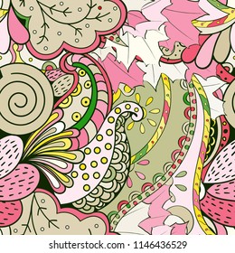 Tracery seamless pattern. Mehndi design. Ethnic colorful doodle texture. Curved doodling background. Vector