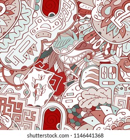 Tracery seamless pattern. Mehndi design. Ethnic colorful doodle texture. Curved doodling background. Vector