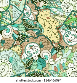 Tracery seamless pattern. Mehndi design. Ethnic colorful doodle texture. Curved doodling background. Vector