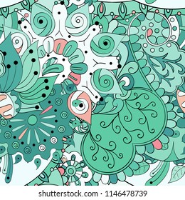 Tracery seamless pattern. Mehndi design. Ethnic colorful doodle texture. Curved doodling background. Vector