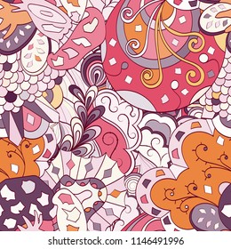 Tracery seamless pattern. Mehndi design. Ethnic colorful doodle texture. Curved doodling background. Vector
